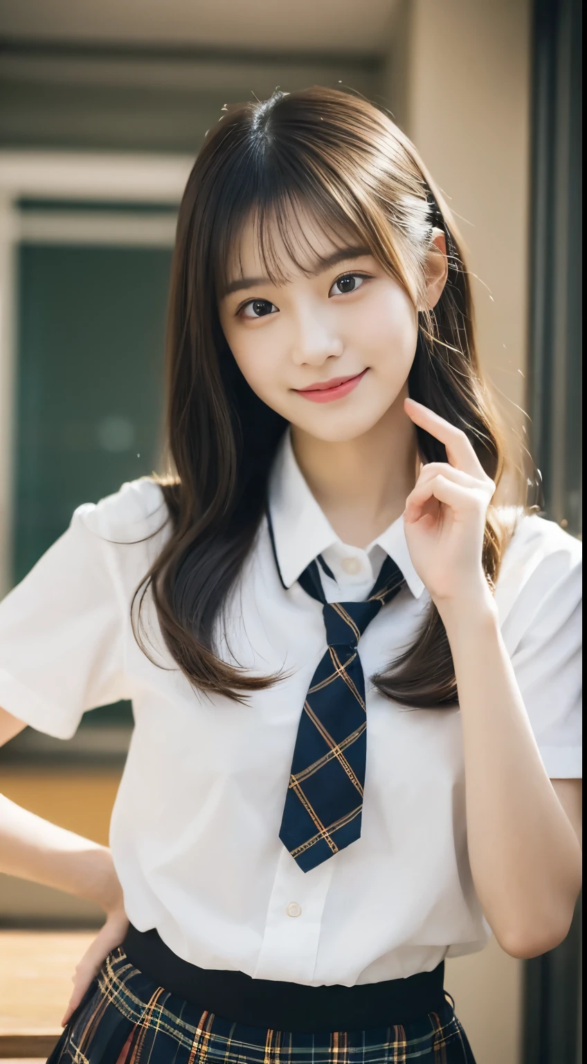 masterpiece,highest quality,Official Art,High quality CG Unity 8K wallpaper High school girl,Very delicate and beautiful,超High resolution,(Realistically:1.4),Golden Hour Lighting,(Esbian all over),In the classroom,(Platinum Short Hair:0.8),(Cute eyes),View your viewers,Look forward,Twin tail hair, smile,JK skirt(Plaid), bust,High ,tie, masterpiece, highest quality, RAW Photos, Realistically, face, Incredibly absurd resolution, Depth of written boundary, High resolution, Super detailed, Fine details, Very detailed, Very detailedな目とface, Sharp pupils, Student, Get into sharp focus, Cinema Lighting, Idol Style、So cute:1.2、Black-haired、Bans、