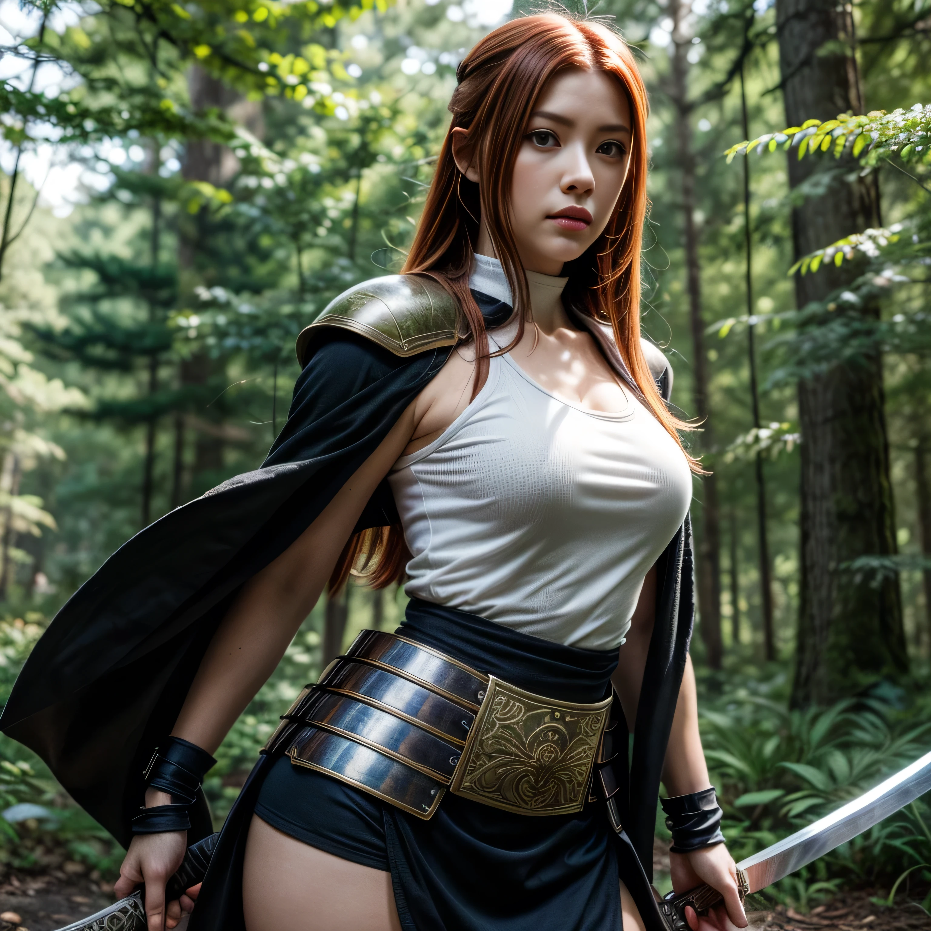 photorealistic, masterpiece, photorealistic, high resolution, soft light, hips up, blue eyes, ginger hair, long hair, Intricate details EABA, cloaks, steel claws, Ninja, Armor, warrior, samurai helmet, Kushina Uzumaki, Konoha forest