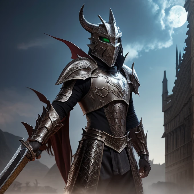 Fantasy ark knight with dragon armor and have a scar of dragon, the knight have a power full sword and scary mask