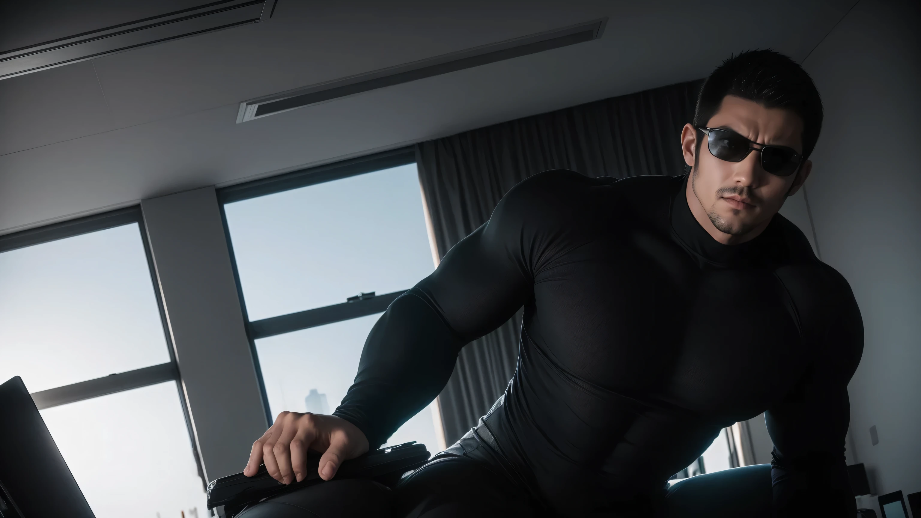 1 super muscular man, sunglasses,Sitting in the office,Work with a laptop,Wear sunglasses,Buzz Cut,In a luxurious office, Wear a long-sleeved, deep turtleneck bodysuit, Thickened warm elastic texture,Clothes are very dirty with mud stains,The expression is arrogant, Thick thighs, Messy hair, High-necked long-sleeved dark yellow high-necked tights, very tight, Regular symmetrical pattern, Highlight muscles, Police uniform pants, character concept(Resident Evil - Chris Redfield, Chris Redfield)A proud expression, Deep and charming eyes, Heroic male pose, tall Burly, muscular!muscular thighs, tough guy, perfect facial features, High, Burly, Heqiang, Super polished and cool, High Resolution Committee, Charismatic, Sunlight through the window, shine on body