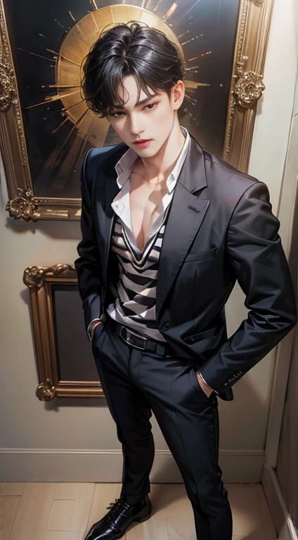 (absurd, high resolution, very detailed, HDR), masterpiece, best quality, Portrait of a boy, 미동 with red eyes, detailed face, professional photos, Alaped man wore shirt, sexy man, Picture from above the knees, masterpiece, hands in pockets, black haired man