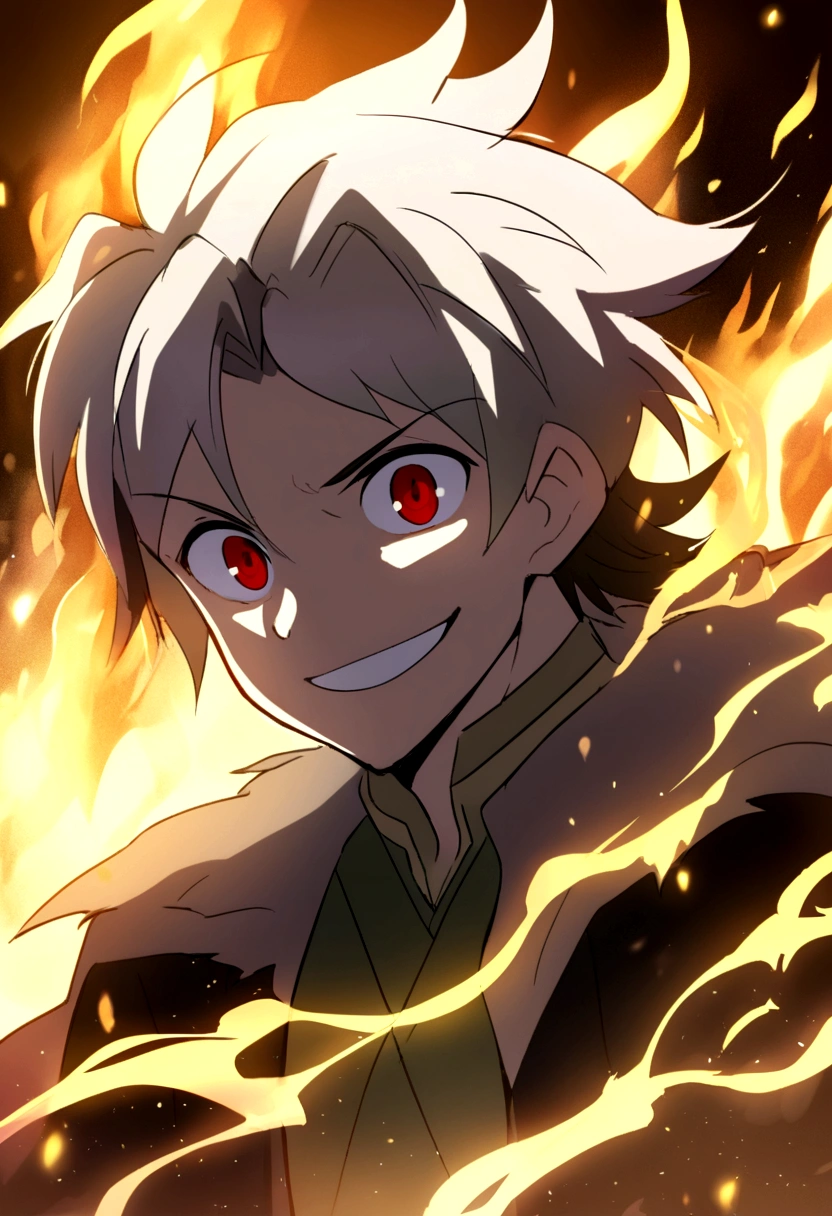 an anime gur laughing evily, keyaru, anime guy keyaru, redo of healer anime, smiling, extreme rich colors, background full of flames mist and dust, white lights in background