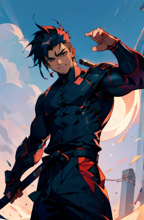 masterpiece,best quality,ultra-detailed,8k,high resolution,Correct drawing,Short Hair,Scar between the eyes,片方の腕がメカニカルなProsthetic arm,cyber punk,cyborg,Holding a tonfa in his hand,mechanical,Prosthetic arm,Black work clothes, Face close-up,Japanese Male、Black Hair、Large physique,Thick arms,Tight waist,Wide width,mohican hairstyle,Sides are shaved,all back,A fearless smile、Warrior of Darkness,30 year old man, sexy, Subjective and sensual poses, Showing open palm with fingers,The background is a quiet, moonlit wilderness.,prick々Beautiful Moonlight,Comet in the sky,Levitation,explosion,flame,Pillar of Fire