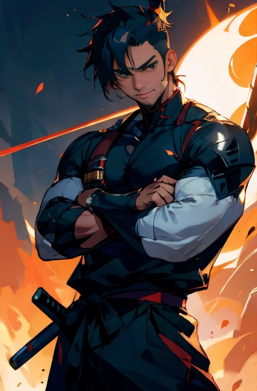 masterpiece,best quality,ultra-detailed,8k,high resolution,Correct drawing,Short Hair,Scar between the eyes,片方の腕がメカニカルなProsthetic arm,cyber punk,cyborg,Holding a tonfa in his hand,mechanical,Prosthetic arm,Black work clothes, Face close-up,Japanese Male、Black Hair、Large physique,Thick arms,Tight waist,Wide width,mohican hairstyle,Sides are shaved,all back,A fearless smile、Warrior of Darkness,30 year old man, sexy, Subjective and sensual poses, Showing open palm with fingers,The background is a quiet, moonlit wilderness.,prick々Beautiful Moonlight,Comet in the sky,Levitation,explosion,flame,Pillar of Fire