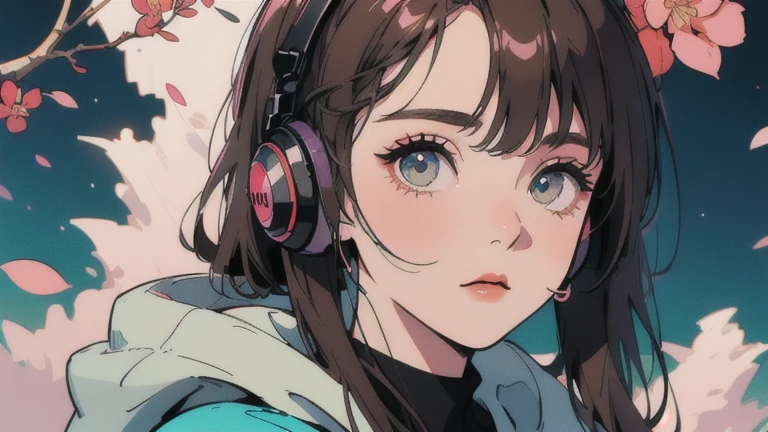 (Best Quality, Accurate, Perfect Face, Beautiful Woman Listening To Music, Cyberpunk Style, Unique Hair Color, Soft Lighting, Bright Color, Pink, Shining Adornment, Spring Night City, Cherry Blossoms, Neon, Peaceful Ambiance, Comfortable Background, Expressive Eyes, Flowing Hair, Wearing Headphones, Bright Eyes, Likeable Character, alone Brown hair, long eyelashes, round eyes, casting shadow, atmospheric perspective, 8k, masterpiece, super detailed, accurate, top quality, super high res, retina, meticulous, head to waist