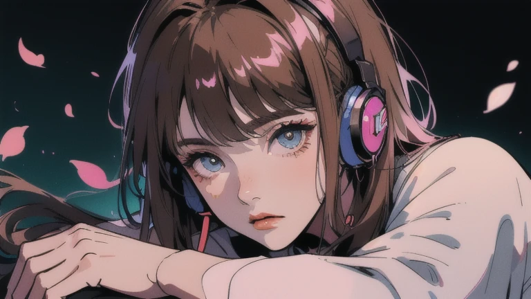 (Best Quality, Accurate, Perfect Face, Beautiful Woman Listening To Music, Cyberpunk Style, Unique Hair Color, Soft Lighting, Bright Color, Pink, Shining Adornment, Spring Night City, Cherry Blossoms, Neon, Peaceful Ambiance, Comfortable Background, Expressive Eyes, Flowing Hair, Wearing Headphones, Bright Eyes, Likeable Character, alone Brown hair, long eyelashes, round eyes, casting shadow, atmospheric perspective, 8k, masterpiece, super detailed, accurate, top quality, super high res, retina, meticulous, head to waist