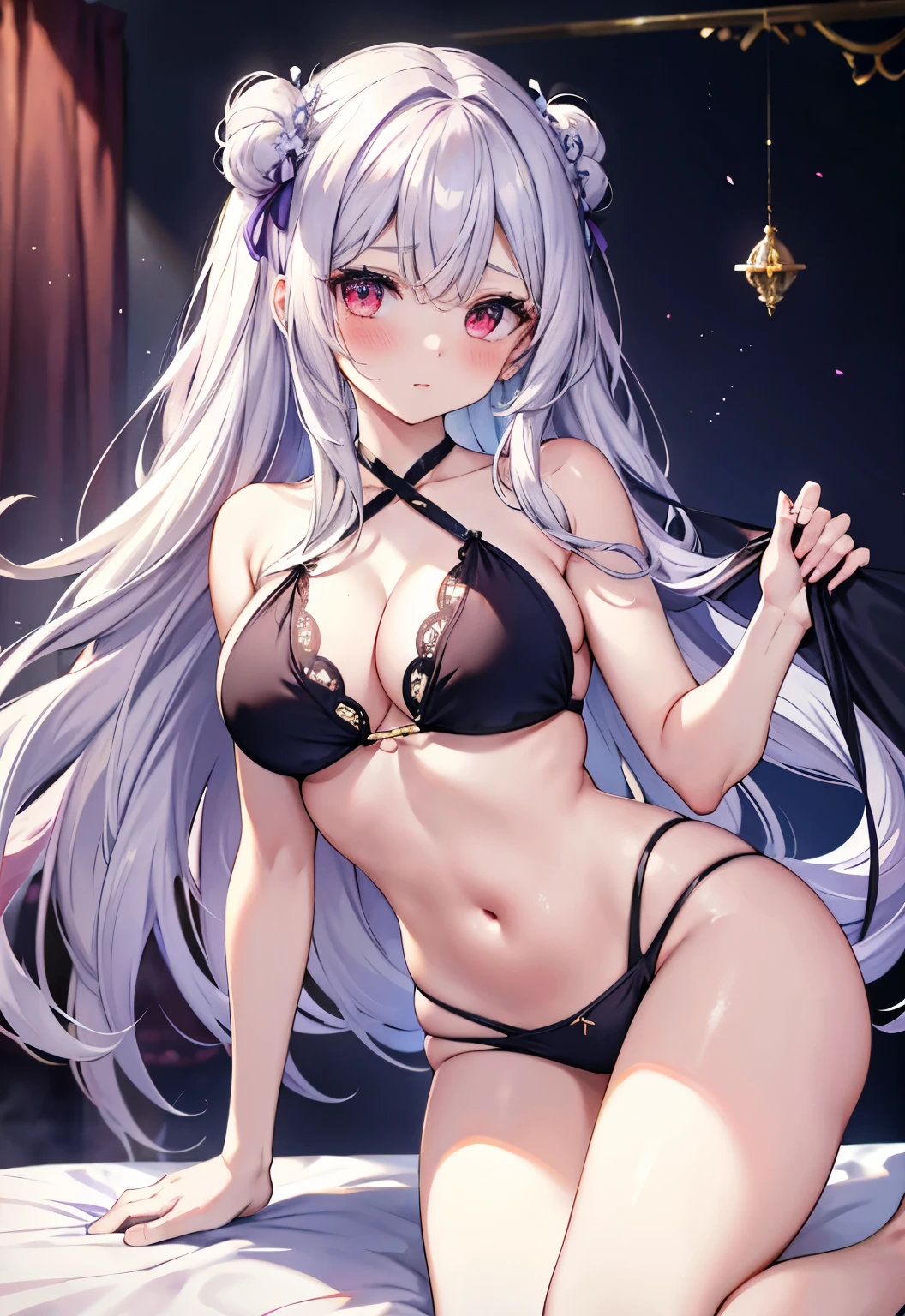 Silver Hair，Red Eyes，long hair，，blush，Large Breasts，After the Underworld《Greek mythology》，Purple Sling Bikini，Greek clothing，Bedroom Background