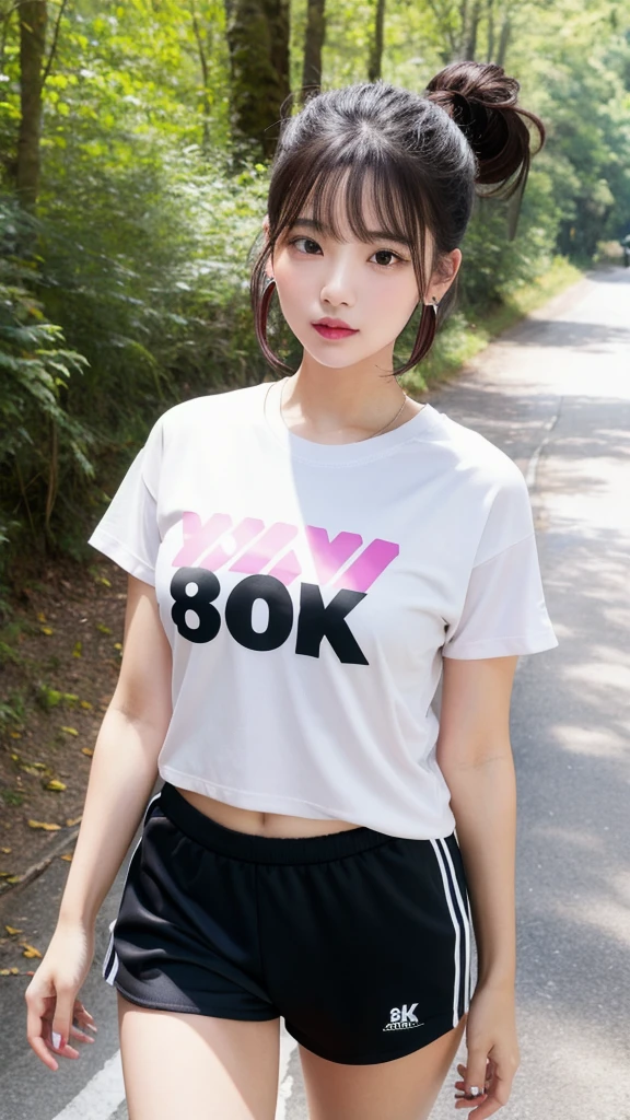 (8k, Photorealistic, Raw photo, Highest quality: 1.4),Japanese idol style1Beautiful girl of the person,18-year-old,Short bob hairstyle,Black Hair,My hair is blowing in the wind,Wearing small earrings in the ears,Big, clear grey eyes,Long eyelashes,Plump Cheeks,Wearing pink lipstick,Apply gloss over your lipstick for glossy, plump lips,Both hands have pink nail polish on their nails,Wearing a T-shirt,Wearing sportswear,Wearing white sports shoes,Running along a forest road, looking straight ahead with a serious expression,She is surrounded by the gentle sunlight filtering through the trees.,Side-on snapshot of the whole body
