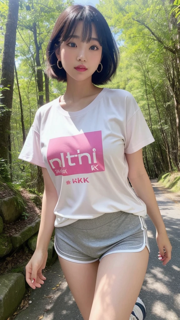 (8k, Photorealistic, Raw photo, Highest quality: 1.4),Japanese idol style1Beautiful girl of the person,18-year-old,Short bob hairstyle,Black Hair,My hair is blowing in the wind,Wearing small earrings in the ears,Big, clear grey eyes,Long eyelashes,Plump Cheeks,Wearing pink lipstick,Apply gloss over your lipstick for glossy, plump lips,Both hands have pink nail polish on their nails,Wearing a T-shirt,Wearing sportswear,Wearing white sports shoes,Running along a forest road, looking straight ahead with a serious expression,She is surrounded by the gentle sunlight filtering through the trees.,Side-on snapshot of the whole body