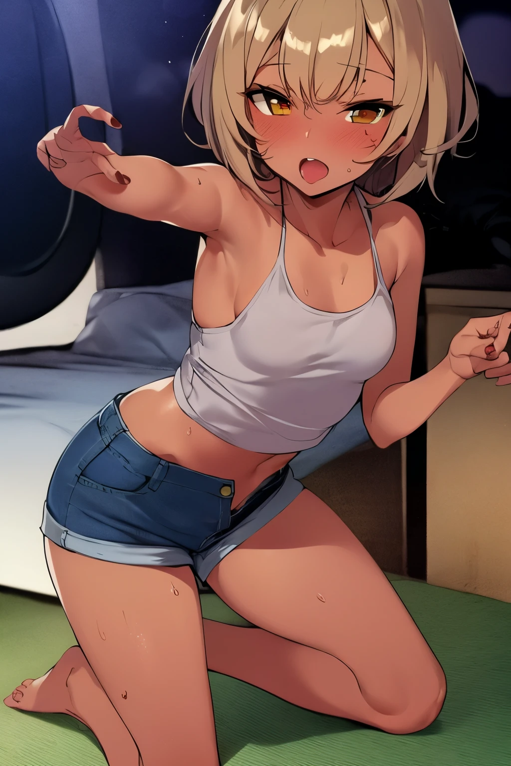 2D,highest quality,(masterpiece),(whole body),Rumia,blonde,1 girl,,young,Small ears,(Healthy brown skin:1.6),(Denim hot pants:1.6),Tank top,barefoot,barefoot,Attractive thighs,Butt,(Red ribbon on head ),Total,Bedroom,get drunk,Sweat,Superior,cheeks are bright red,(Kneeling pose), (wave hands),Frontal angle,Cute with bruises,erotic,I feel it,Denim hot pants,night,Heavy breathing,Girl Brat,An evil like a little devil,Heart on head