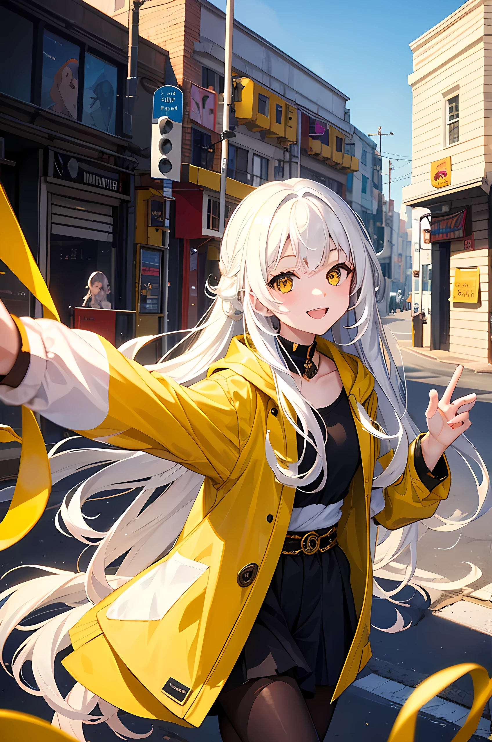 Young girl, , white long hair, wavy hair, yellow eyes, smile face, modern style, happy girl