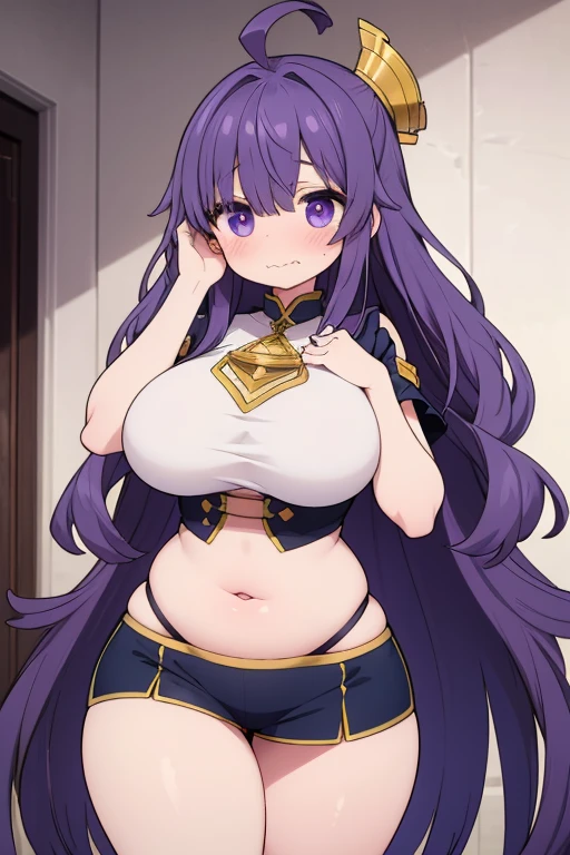 (masterpiece), (highest quality), ((Super detailed))、(super delicate)、Cute naughty female Artificer、Pastel colors hair、(huge breasts:1.2, Thighs:1.2, thick legs:1.2, curvy:1.2, towering stature:1.5, massive fat thick unnatural belly)、Gorgeous、purple eyes, (hair over one eyes:1.3, ahoge, messy hair:1.2, tired hair:1.2, flipped hair, very long hair, bags under eyes:1.3), black hair, (purple hair:1.1), (blush:1.2, emberrased:1.2, quiet personality:1.2, scared:1.2, looking away, wavy mouth), hand over face