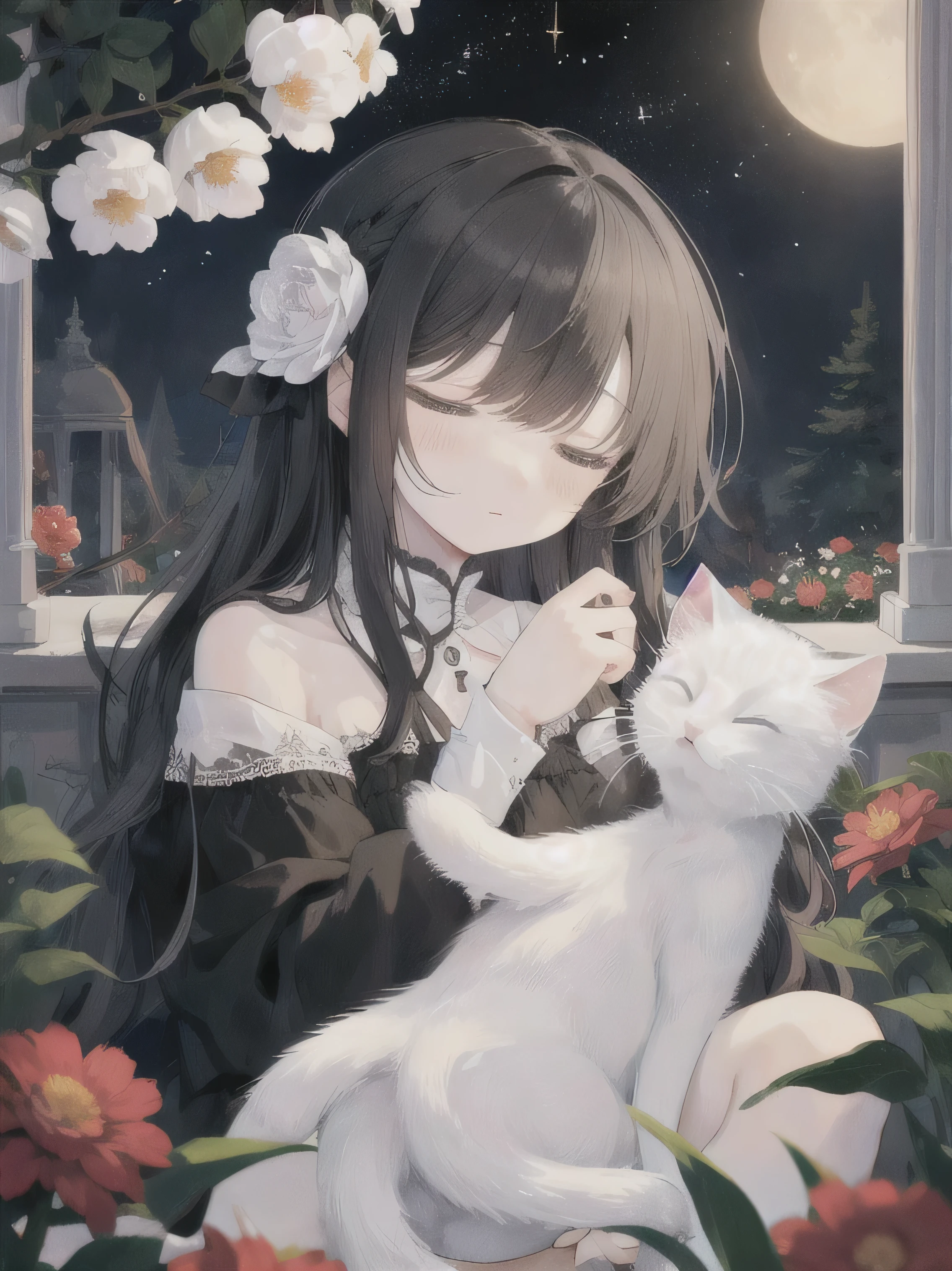 A  and a fluffy white kitten, flowers, sleeping, long black hair, night, starry sky
