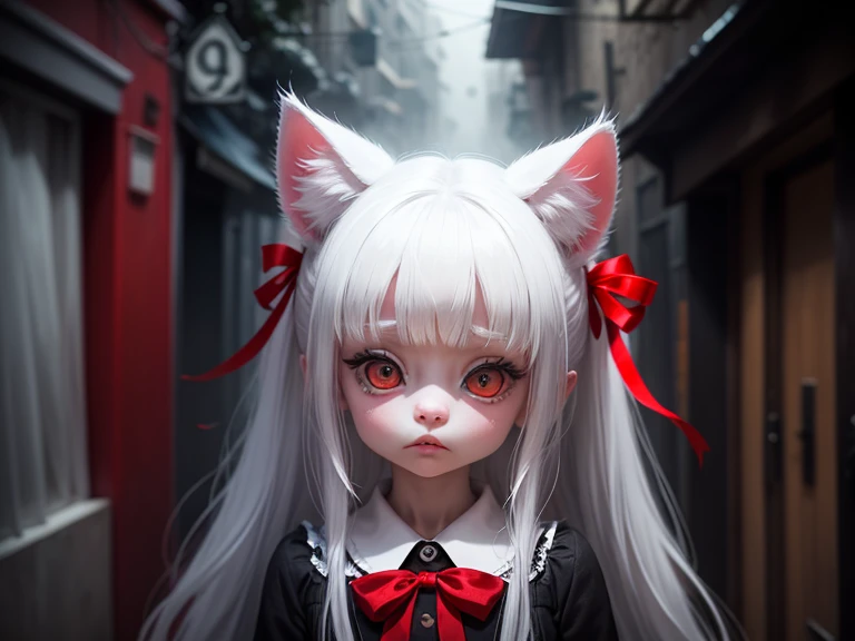 Hallucination, daydream , bokeh , A dense foggy Alley leading to purgatory , White face, big eyes and a red ribbon , Smooth and soft fur , (hell kitty) , Let's go to Kitty's party