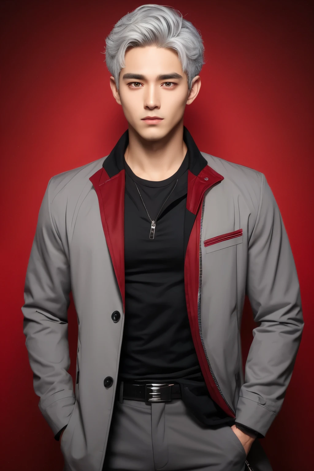 anime pictures,young man,gray hair,Blood red eyes,wear a jacket