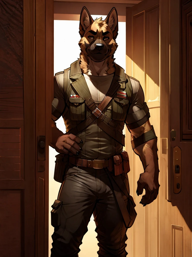 furry, anthro, german shepherd black:1.5, solo, male, standing with a AK 47 on the door looking slyly at the viewer:1.3, super detailed, military beige pants:1.4, detailed face, best art, 8k, vibrant, by taran fiddler:1.8, by RedRusker:1.8, art stile, perfect light, 3D, halfbody,