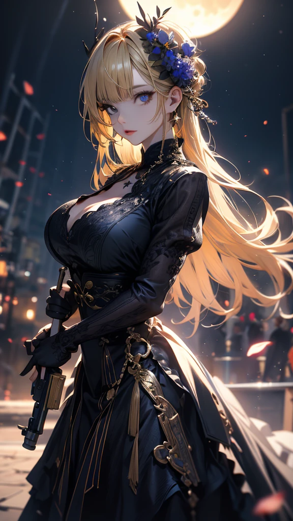 masterpiece, high quality, 4K, Beautiful design, silhouette,blonde, 非常に詳細な夜のStarry Sky,Flower Field, wonderful, Finer details, Very knowledgeable woman, Highly detailed solo, 1 female,Big Breasts,Gothic Lolita Fashion,2Hold a gun in front of your chest.,Night view,Starry Sky,full moon,