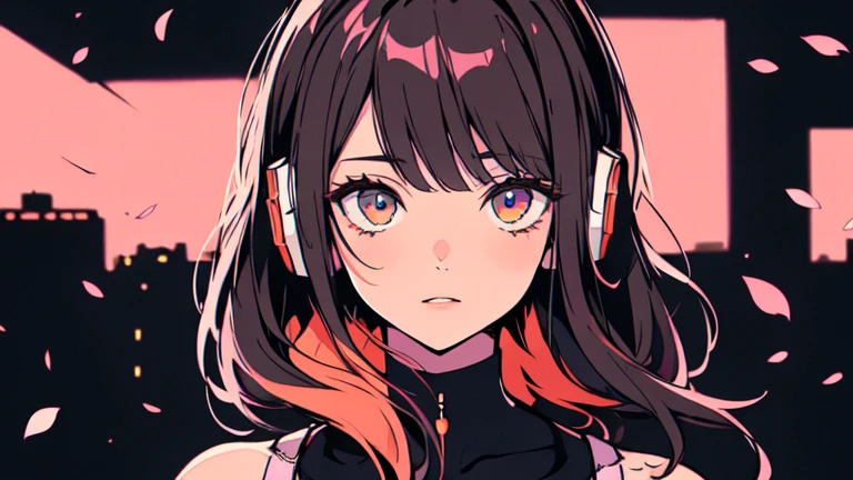 (Best Quality, Accurate, Perfect Face, Beautiful Woman Listening To Music, Cyberpunk Style, Unique Hair Color, Soft Lighting, Bright Color, Pink, Shining Adornment, Spring Night City, Cherry Blossoms, Neon, Peaceful Ambiance, Comfortable Background, Expressive Eyes, Flowing Hair, Wearing Headphones, Bright Eyes, Likeable Character, alone Brown hair, long eyelashes, round eyes, casting shadow, atmospheric perspective, 8k, masterpiece, super detailed, accurate, top quality, super high res, retina, meticulous, head to waist