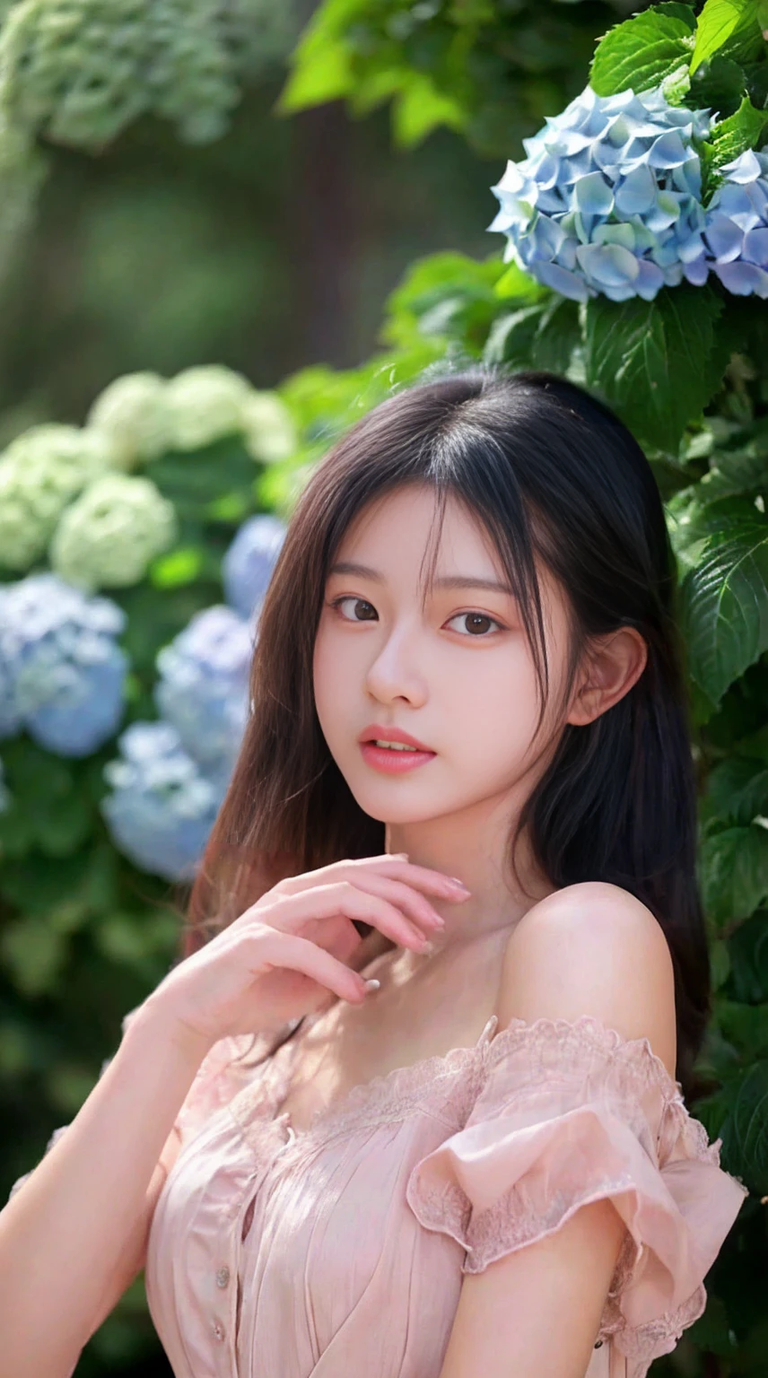 最high quality、high quality、Best image quality、8k、topless:2.0,Nipples are visible:2.0、Pleated skirt,最High resolution、High resolution、最high quality、masterpiece、RAW Photos、whole body写真、Detailed and realistic human body、Detailed and realistic skin、Realistic face in every detail、Detailed and realistic eyes、Detailed and realistic lips、Detailed and realistic teeth、Detailed and realistic ears、Detailed and realistic hair、Realistic reproduction of every detail、Realistic fingers in every detail、(Beautiful Hands、thumb１reference４)、Realistic feet down to the last detail、((Beautiful Japanese Women))、(Japanese Model)、((21 year old beautiful woman))、(Black Hair)、(Straight hair)、((whole body))、(Slim and perfect figure)、(whole body光沢肌、Fair skin)、Detailed and realistic human body、Detailed and realistic skin、Realistic face in every detail、Realistic fingers in every detail、Detailed realistic feet、Soft natural light、Japanese garden、A 360-degree view of the hydrangea fields、((Standing in the middle of a hydrangea field(A woman surrounded by hydrangeas on all sides))、Poses to make your thighs look beautiful
