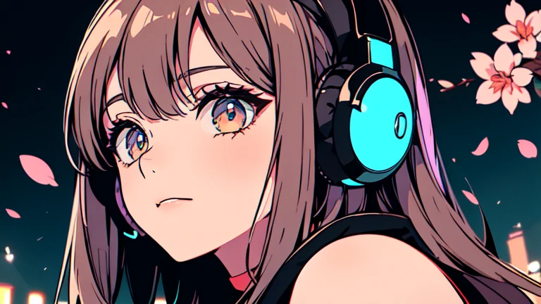 (Best Quality, Accurate, Perfect Face, Beautiful Woman Listening To Music, Cyberpunk Style, Unique Hair Color, Soft Lighting, Bright Color, Pink, Shining Adornment, Spring Night City, Cherry Blossoms, Neon, Peaceful Ambiance, Comfortable Background, Expressive Eyes, Flowing Hair, Wearing Headphones, Bright Eyes, Likeable Character, alone Brown hair, long eyelashes, round eyes, casting shadow, atmospheric perspective, 8k, masterpiece, super detailed, accurate, top quality, super high res, retina, meticulous, head to waist
