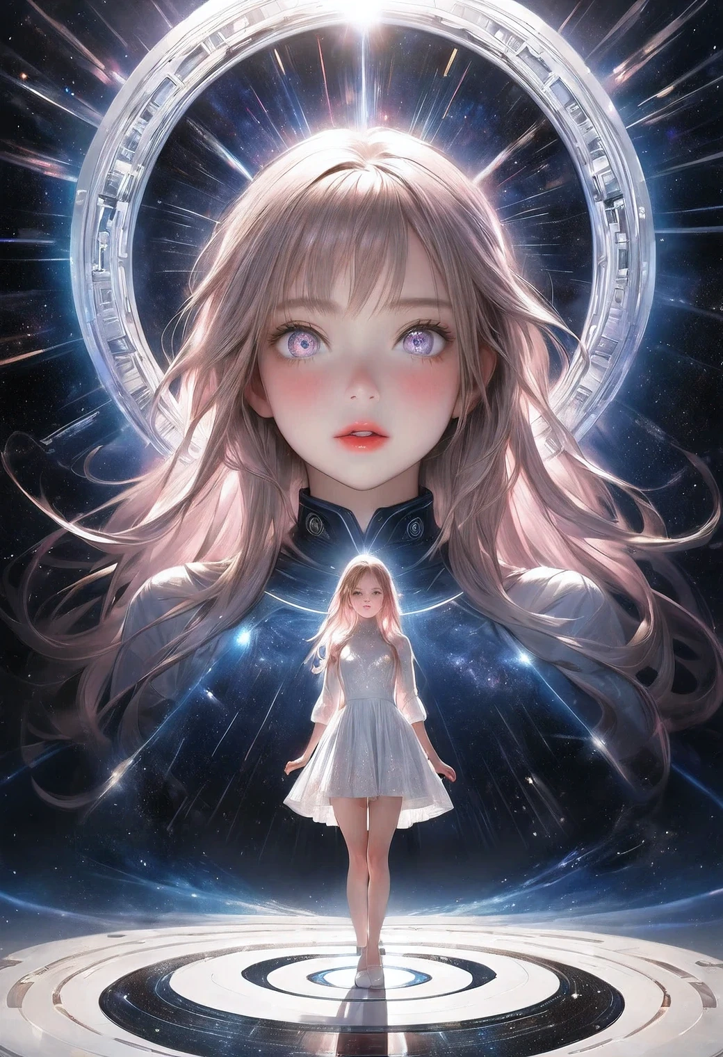 fantasic illustration, mirror effect, masterpiece:1.2, highest quality, highres, 16k, beautiful detailed, ultra-realistic, photo realistic:1.37,  beautiful girl who transcends time and space, through the subspace field connecting circular stargates,  posing of passing through a stargate, growing glay eyes, shining pupils, blushed cheek, shiny rosy lips, beautiful delicate(hair, face, eyes, pupils, stargate), full-body view