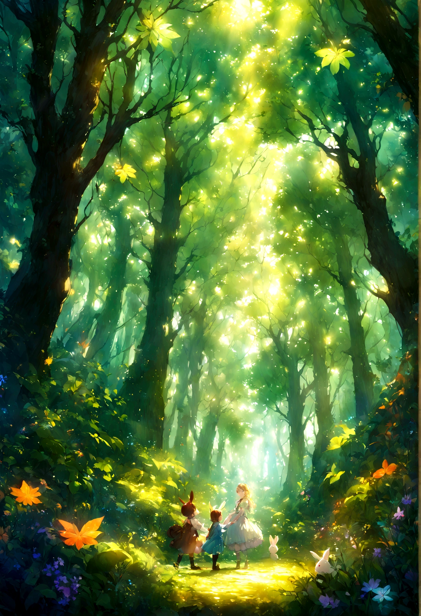 Lili and Téo meeting a talking rabbit in a magical forest, tall trees with huge leaves, soft sunlight filtering through the canopy, enchanting and magical atmosphere full of discovery and wonder, Illustration, detailed digital art with vivid colors and soft light