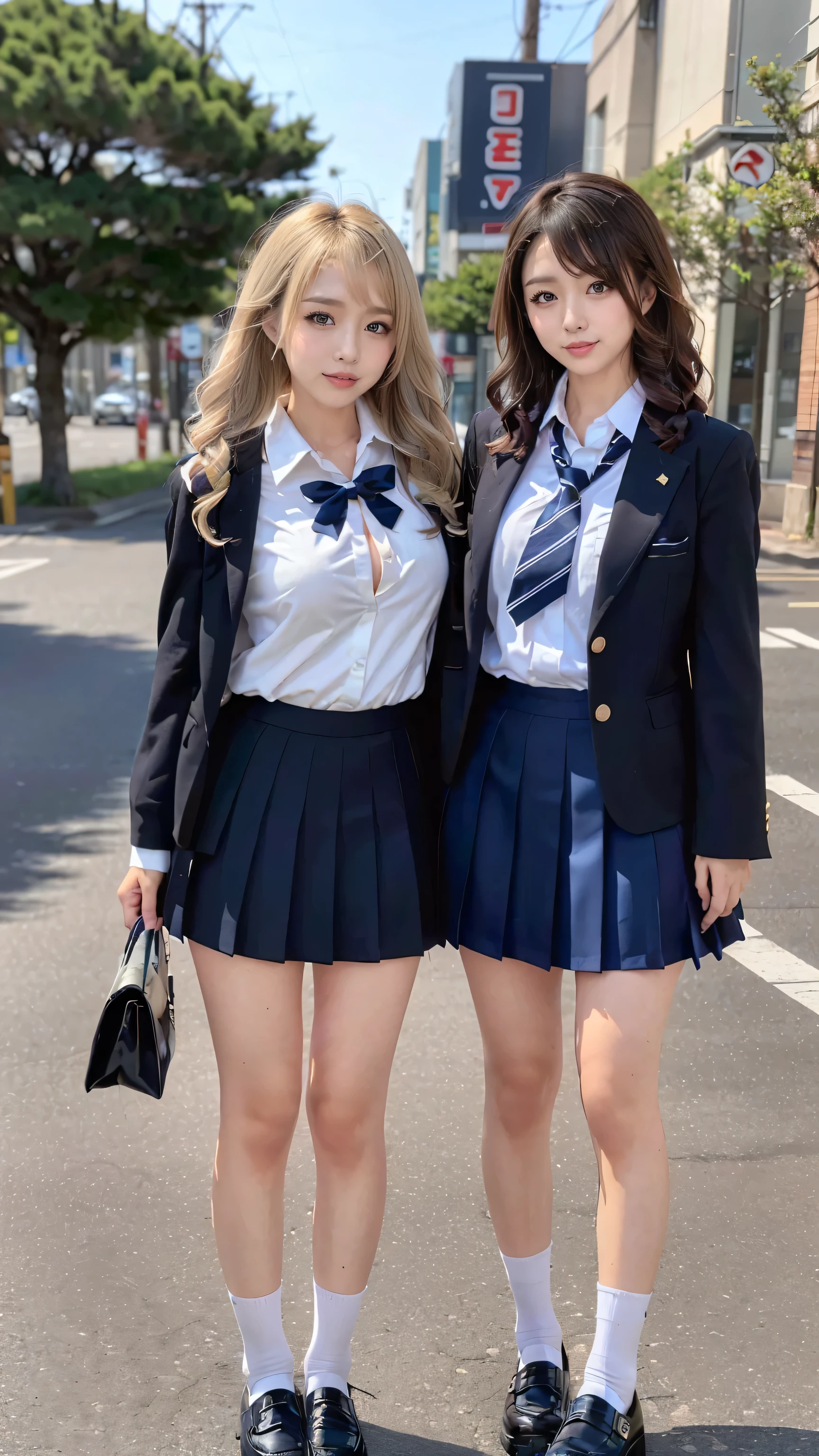 (scene; (2 people:1.8)), Gal, (Shopping mall, Shopping Street, street), (High school girls 2 people), (Standing facing this way, gal pose), (Thin thighs, Long, slender limbs), ((Highly detailed skin), Beautiful realistic face, White skin, Pointed Chest, Perfect Anatomy, Realistic eyes, Natural Eyes, Brown Eyes, Accurate eye focus, Accurate limbs), (Hyper Realist, Ultra-realistic, 4k, Attention to detail, Ultra-high resolution, highest quality, masterpiece, Presence, dynamic, Uplifting, bold, Sharpness), (Big Breasts:1.5), (Cleavage:1.5), (The bra is see-through), (Japanese School Uniform:1.5), Small waist, (Blonde long hair:1.5), (Wavy long hair:1.5), (Curly Hair:1.5), (sleek bangs), (Twin tail hair), (White collared shirt, Pleated mini skirt, Navy colored socks, Black loafers, Ribbon tie), in uniform, Surreal school girl, High waist pleated mini skirt, tall, (Full body photo, Full body image, Full body portrait), in uniform, smile, (Two cute girls standing:1.8),