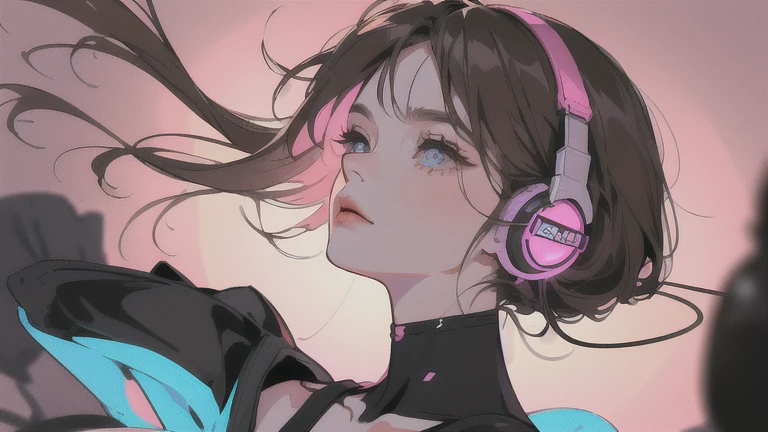 (Best Quality, Accurate, Perfect Face, Beautiful Woman Listening To Music, Cyberpunk Style, Unique Hair Color, Soft Lighting, Bright Color, Pink, Shining Adornment, Spring Night City, Cherry Blossoms, Neon, Peaceful Ambiance, Comfortable Background, Expressive Eyes, Flowing Hair, Wearing Headphones, Bright Eyes, Likeable Character, alone Brown hair, long eyelashes, round eyes, casting shadow, atmospheric perspective, 8k, masterpiece, super detailed, accurate, top quality, super high res, retina, meticulous, head to waist