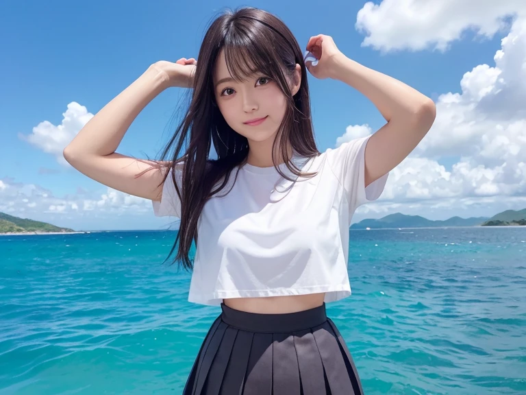 8K、Detailed Description、Very high definition、Realistic、reality的、Real、live-action、reality、High resolution、Nogizaka46、japanese idol,beautiful girl、21 years old、Dark brown eyes、sunny、summer、blue sky、View of the sea、Are standing、Back view、look back、smile,closed mouth,cropped shirt,pleated skirt,forehead,silky hair,Straight Hair、light smile,closed mouth,arm behind back,Knee-up-top angle of view、Back view、look back、Very black hair、pretty girl、Beauty、Glowing Skin、Glowing Skin、Shiny Hair、Hair blowing in the wind、Very white skin、Heavy makeup、Large Breasts、Slit eyes、Big Eyes、Dark brown eyes、Double eyelids、Don&#39;t show your teeth、Parting her bangs、Show your forehead、Put your hands behind your back