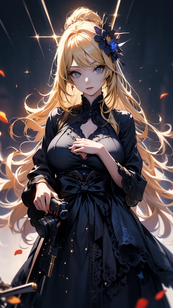masterpiece, high quality, 4K, Beautiful design, silhouette,blonde, 非常に詳細な夜のStarry Sky,Flower Field, wonderful, Finer details, Very knowledgeable woman, Highly detailed solo, 1 female,Big Breasts,Gothic ta Fashion,2Hold a gun in front of your chest.,Night view,Starry Sky,full moon,