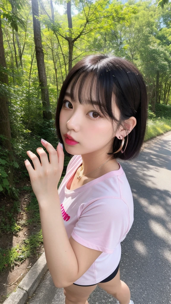 (8k, Photorealistic, Raw photo, Highest quality: 1.4),Japanese idol style1Beautiful girl of the person,18-year-old,Short bob hairstyle,Black Hair,My hair is blowing in the wind,Wearing small earrings in the ears,Big, clear grey eyes,Long eyelashes,Plump Cheeks,Wearing pink lipstick,Apply gloss over your lipstick for glossy, plump lips,Both hands have pink nail polish on their nails,Wearing a T-shirt,Wearing sportswear,Wearing white sports shoes,Running along a forest road, looking straight ahead with a serious expression,She is surrounded by the gentle sunlight filtering through the trees.,Side view,Full body snapshot