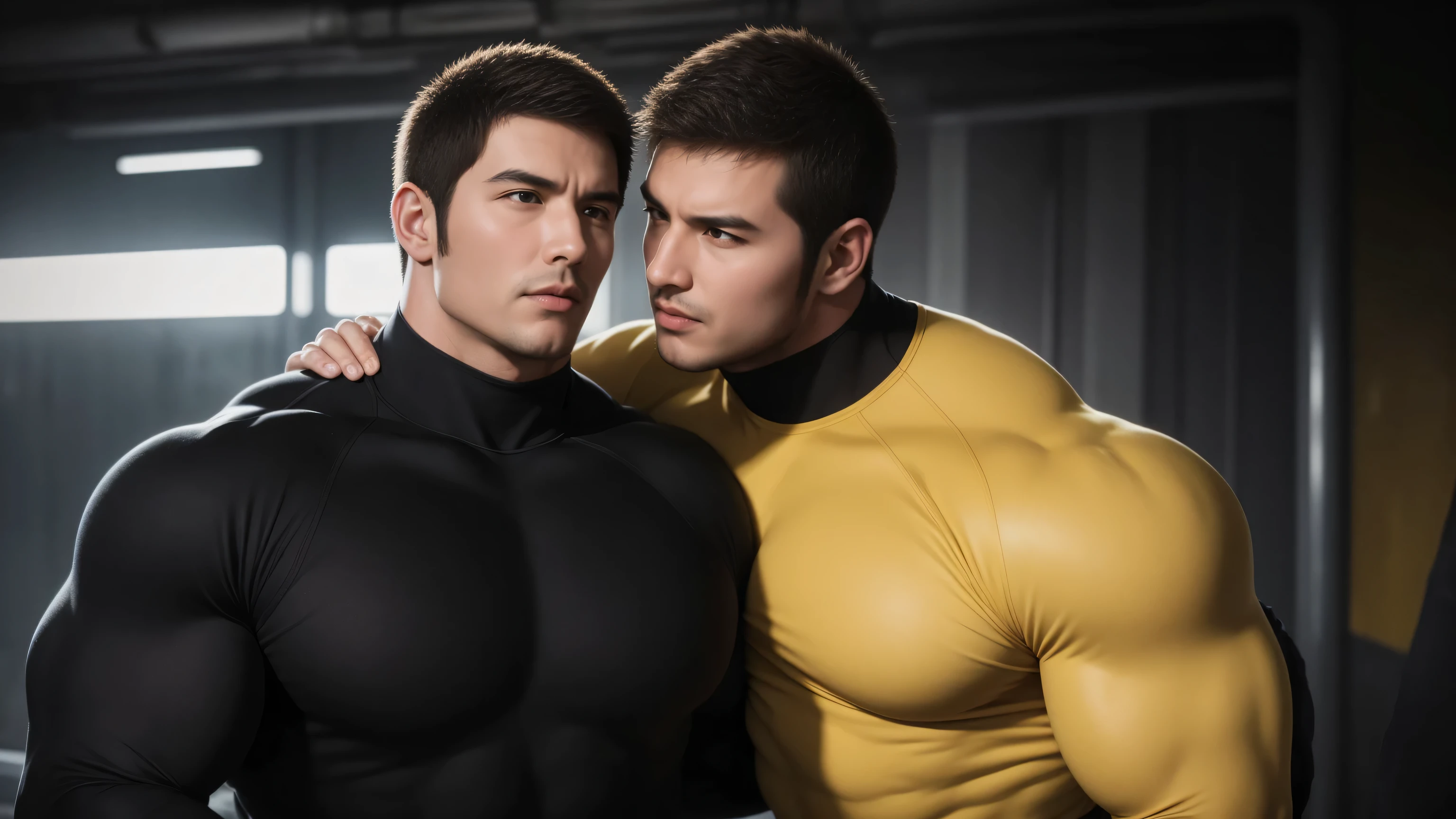 Super muscular man hugging, Open your mouth and scream,Look at each other affectionately,They embrace affectionately,short hair,On a vintage outdoor street under the hot sun, Wear long sleeves, Deep turtleneck bodysuit, Thickened warm elastic texture,The clothes are dirty,There are mud stains,The expression is arrogant, Thick thighs, messy hair, Thick thighs, High-necked long-sleeved dark yellow high-necked tights, very tight, Regular symmetrical pattern, Highlight muscles, Police uniform pants, character concept(Resident Evil - chris redfield, chris redfield)A proud expression, Deep and charming eyes, Valiant male pose, tall Burly, muscular!muscular thighs, Tough Guy, Perfect facial features, High, Burly, Heqiang, Super exquisite and cool, High Resolution Committee, Attractive, The sun is blazing, Dazzling