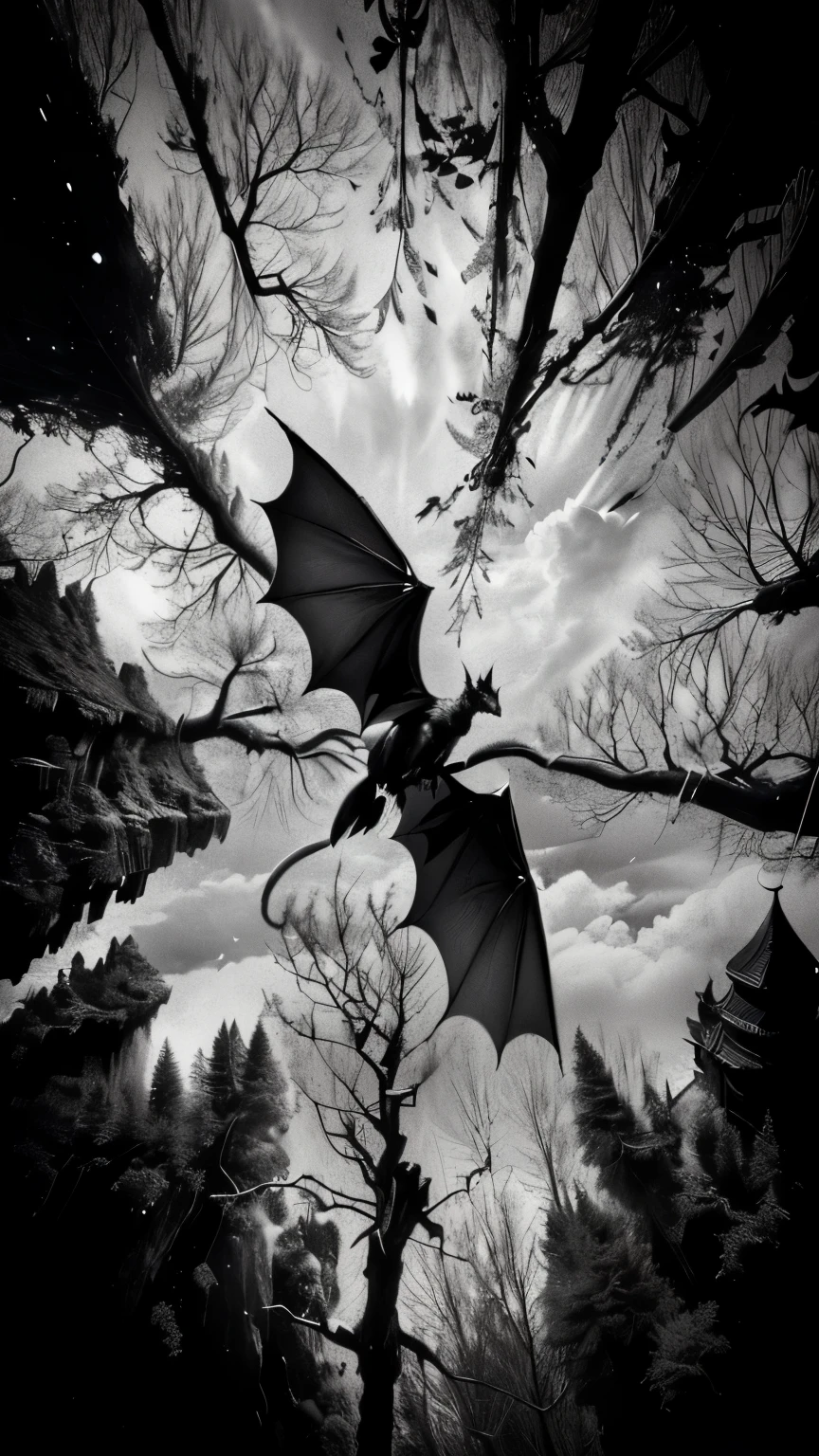 A black and white photo of a bat flying in the sky, Dark and complex photos, Long Fei, Dark Forest. Strong, dragons in the sky, Ankara Gunhei, Flying Dragon, Flying Dragon, Long Fei in sky, A drug, Black Dragon, Long Fei in the sky, Wings are dark clouds, Majestic gothic dragon, Dragon Wings