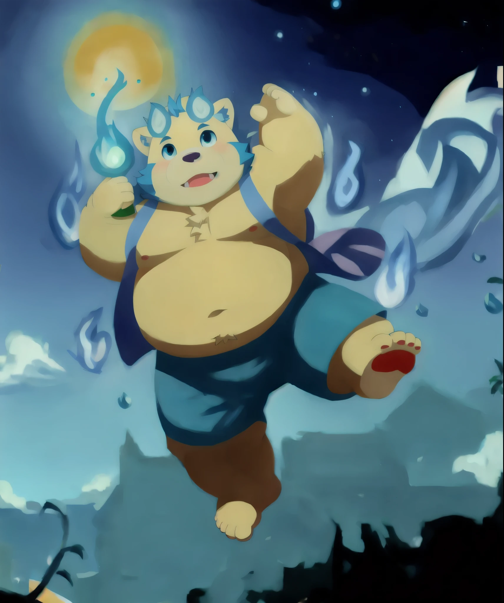 (masterpiece, best quality:1.2),, xiaobo，furry，overweight，foot，sky，shorts，bare，naked，jump，blue fire on the head