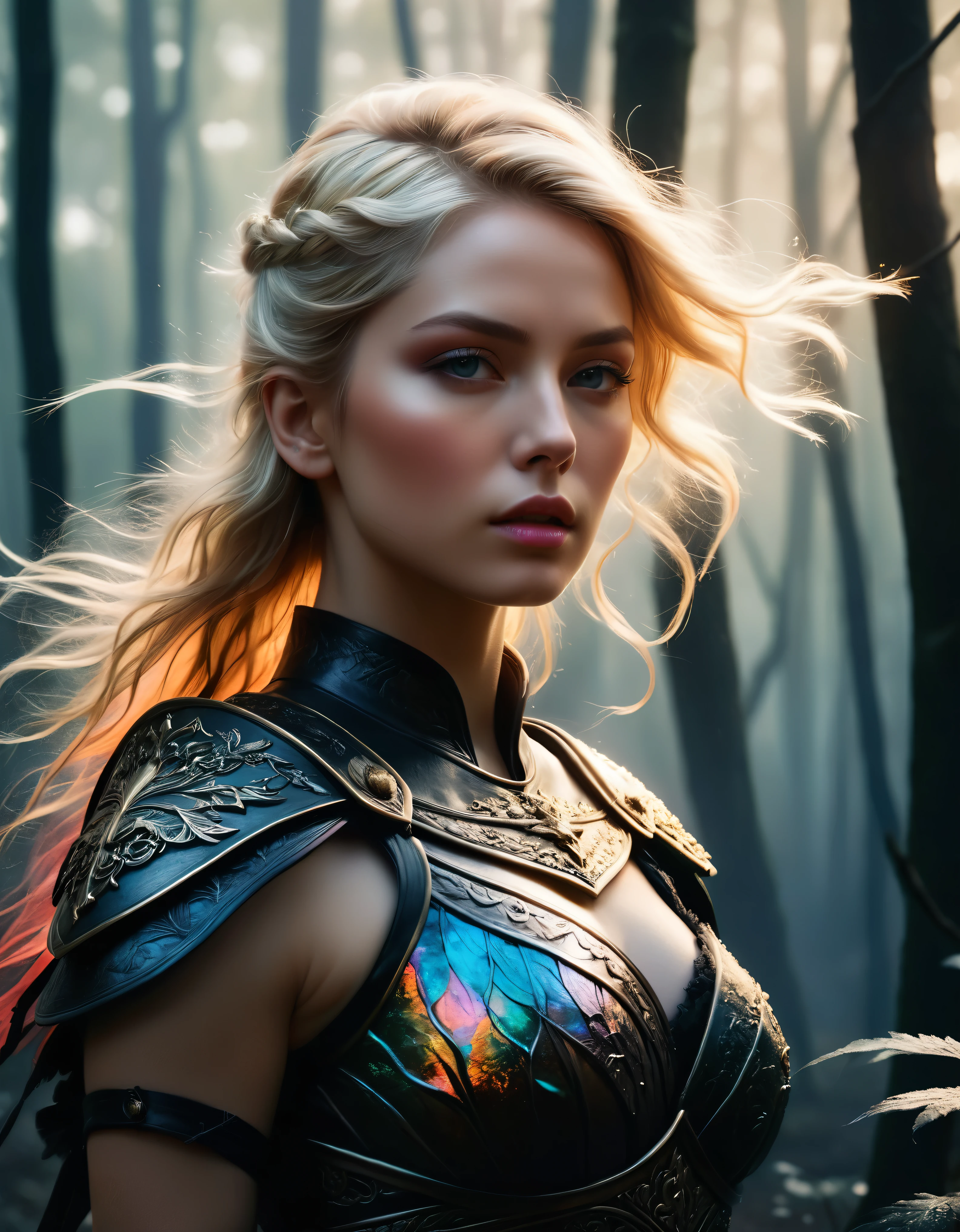 ((Masterpiece in maximum 16K resolution):1.6),((soft_color_photograpy:)1.5), ((Ultra-Detailed):1.4),((Movie-like still images and dynamic angles):1.3) | ((double contact):1.3), ((Fierce Blonde Female warrior silhoutte effect):1.2), ((Superimposed on Pretty Female):1.1)《dark forest sky》Agnes Cecile, Jeremy Mann, Oil and ink on canvas, fine dark art, super dramatic light, photoillustration, amazing depth, the ultra-detailed, iridescent black, superfluous dreams, intricately details, amazing depth, Amazing atmosphere, Mesmerizing whimsical vibrant landscapes, ((Female warrior aesthetic attire):1.2), Maximalism ((beautiful outside, Ugly inside, pressure and pain, beauty and despair, hard and soft, positive and negative, hot and cold, Sweet and sour, Vibrant but boring, Perfect harmony, light and shadows, old and young, Black and white, Corresponding color, loud and quiet, Chaos and peace, life and death):1.2) The complex masterpiece of a real-time engineering leader. | Rendered in ultra-high definition with UHD and retina quality, this masterpiece ensures anatomical correctness and textured skin with super detail. With a focus on high quality and accuracy, this award-winning portrayal captures every nuance in stunning 16k resolution, immersing viewers in its lifelike depiction. | ((perfect_composition, perfect_design, perfect_layout, perfect_detail, ultra_detailed)), ((enhance_all, fix_everything)), More Detail, Enhance.