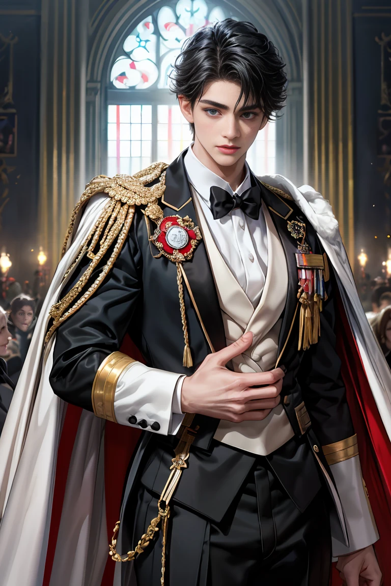 masterpiece, 最high quality, high quality, 1 boy, alone, Male focus, Watching the audience, Messy black hair, Adorable big blue eyes, White, Noble, Noble,Sexy voluminous cape、Tuxedo、A very voluminous, large, very large, very large, long, long red and black cape with a high stand-up collar, reaching down to the floor, made of a lot of fabric., 17 years old,Cute beautiful boys,Cute, cute, kind, handsome guy