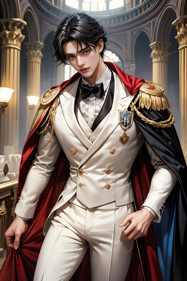 
masterpiece, 最high quality, high quality, 1 boy, alone, Male focus, Watching the audience,  Messy black hair, Adorable big blue eyes, White, Noble, Noble,Sexy voluminous cape、Tuxedo、A very voluminous, large, very large, very large, long, long red and black cape with a high stand-up collar, reaching down to the floor, made of a lot of fabric., 17 years old,Cute beautiful boys,Cute, cute, kind, handsome guy