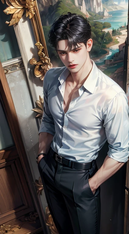 (absurderes, A high resolution, Ultra detailed, hdr), Masterpiece, Best quality, Portrait of a boy, Handsome boy with red eyes, Detailed face, Professional photo, The Alafed man is shirtless, Fight comfortably，legs are open, (puffynipple(From below:1.1)), Focus on your audience,18 year old boy, Handsome boy, [ Firmly defined body ]，Light blue shirt open，Abs，chest muscle，short white pants，large bulge，Black leather shoes，Close-up of feet，prinz，