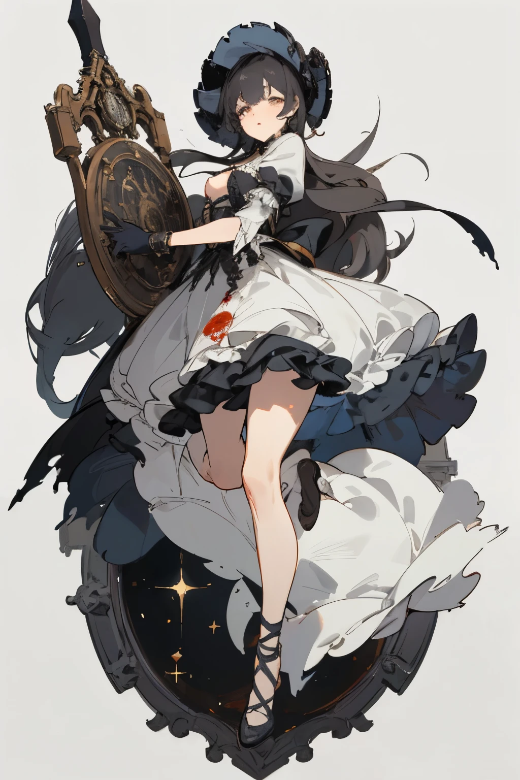 ((best quality)), ((masterpiece)), (detailed), perfect face ((best quality)), ((masterpiece)), (detailed), blank white background, plain background, white background, Bloodborne inspired,  occult aesthetic, occult, detailed and intricate steampunk and detailed gothic, (zentangle, mandala, tangle, entangle),  NSFW, torn clothing, Very dramatic and cinematic lighting, cosmic horror, grim-dark, side-lighting, perfect face, a beautiful goddess adorned and enshrined in armour, Bloodborne inspired , occult aesthetic , occult , detailed and intricate steampunk and detailed gothic , wielding a sword and holding a shield, NSFW, Fluttering lace flared short dress with frilly petticoats, knee length dress, pleated petticoats, lolita dress, petticoats gothic lolita, side-lighting, gothic lolita aesthetic, beautiful small breasts, small breasts, full body, whole body, body, plain background, white background, blank background, no background, white background NSFW, full body, whole body, head-to-toe