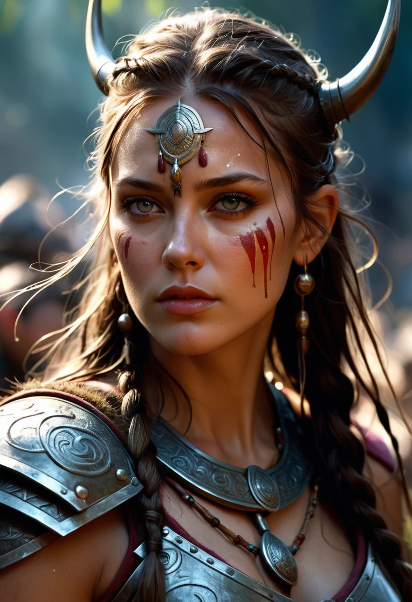 Female Warrior, A stunning Beautiful ancient female viking warrior war paint, eerie atmosphere, wet brush, By Wadim Kashin and Alberto Seveso, Epic cinematic brilliant stunning intricate meticulously detailed dramatic atmospheric maximalist digital matte painting, Flawless eyes, hyperdetailed painting, CGSociety ZBrush Central fantasy art concept art megapixels 8K resolution HDR, photorealistic lifelike