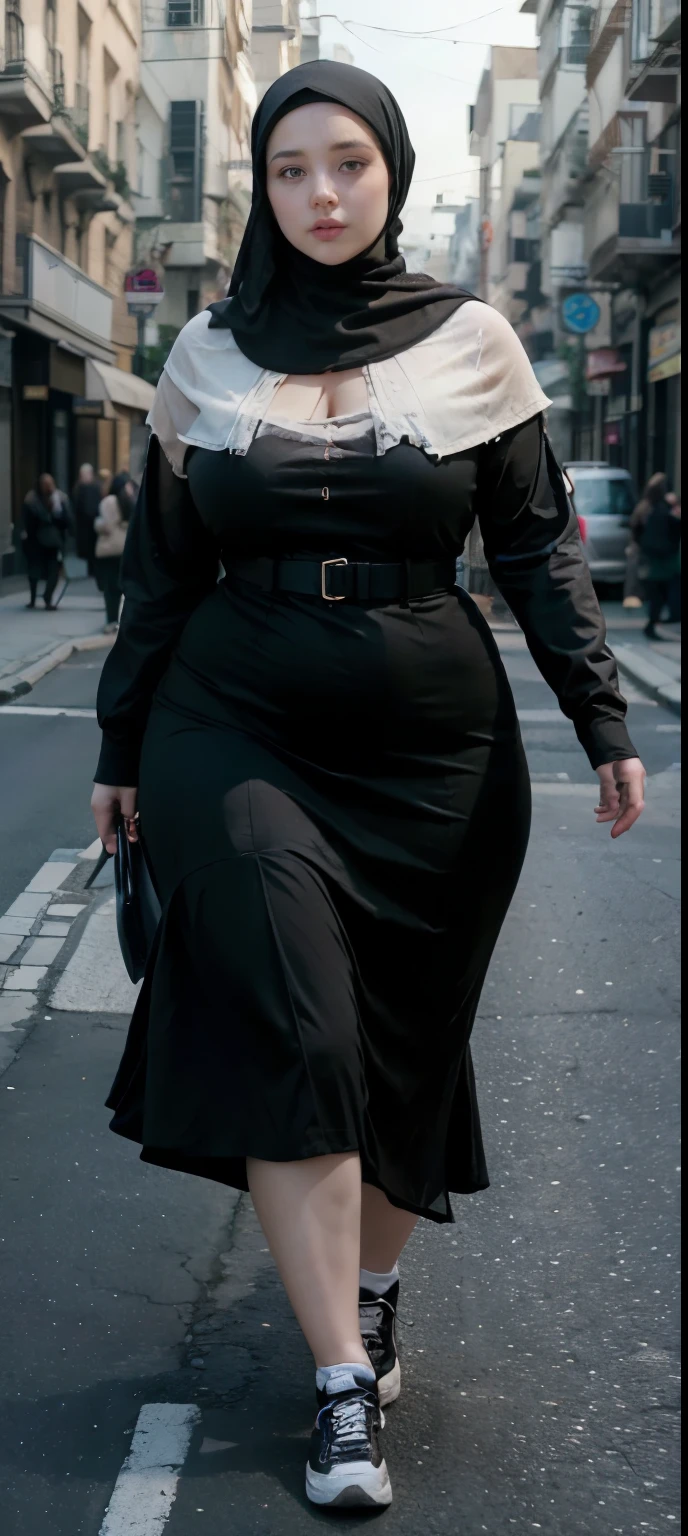 Milky white skin woman in black dress and hijab walking down the street, , hijab outfit, , hijab fashion model, plus size, plus size woman, , woman in black robes, beautiful woman, thicc, black outfit,, bbwchan , white sneakers , Height 170 cm, beautiful woman, with a beautiful appearance, a very beautiful masterpiece, a masterpiece of art, good lighting, Bright colors, Clean lines