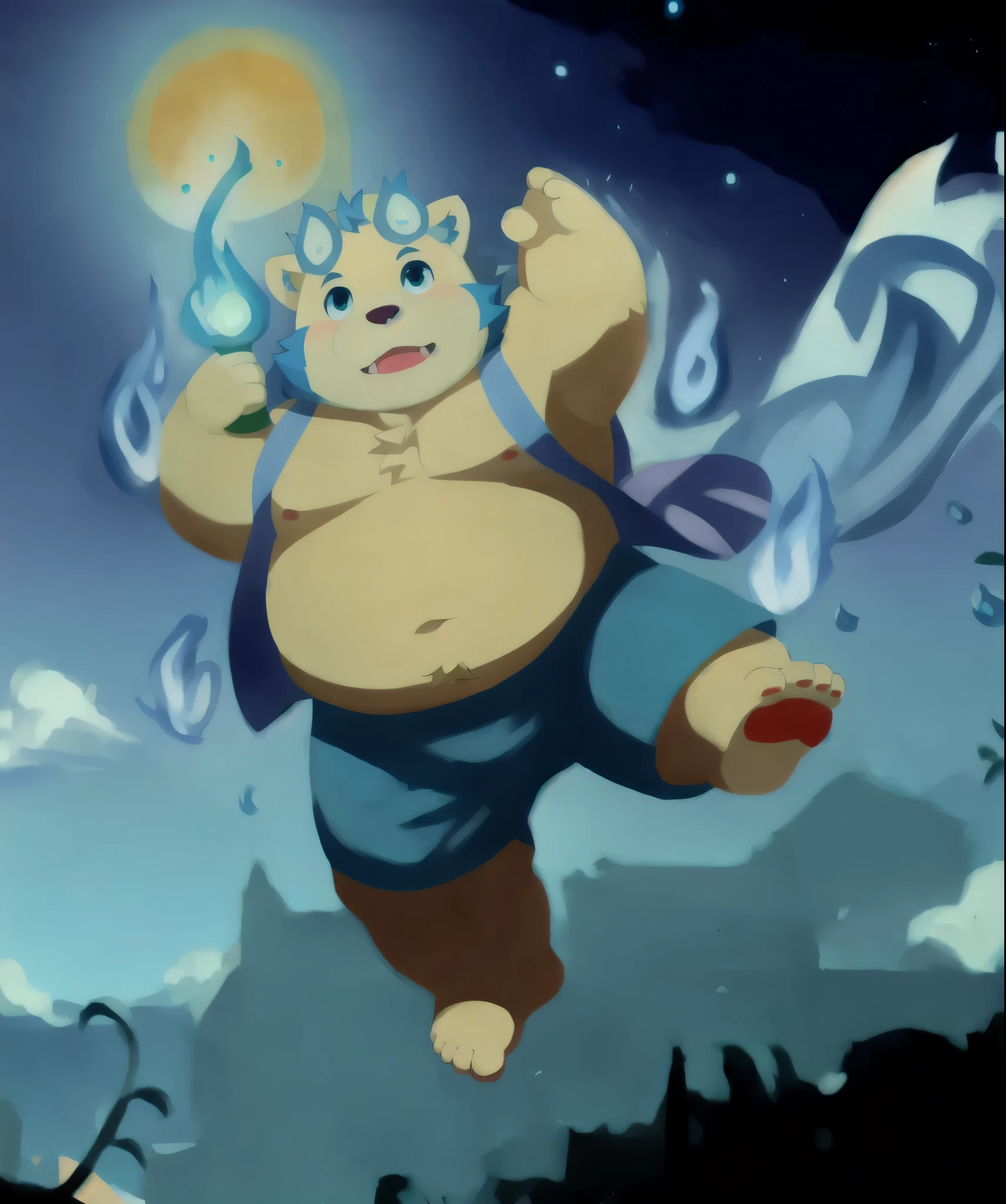 (masterpiece, best quality:1.2),, xiaobo,furry,overweight,foot,sky,shorts,bare,naked,jump,blue fire on the head