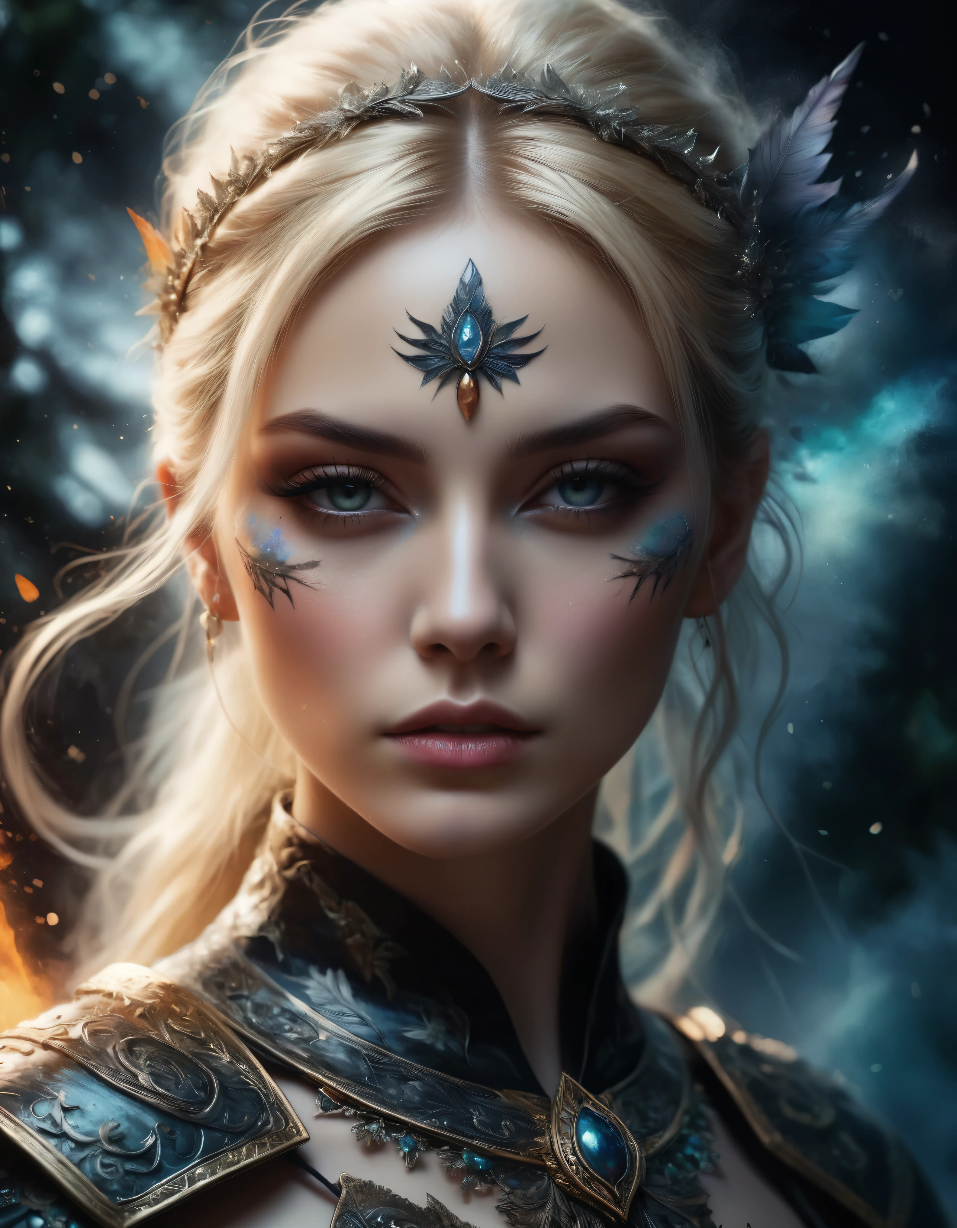 ((Masterpiece in maximum 16K resolution):1.6),((soft_color_photograpy:)1.5), ((Ultra-Detailed):1.4),((Movie-like still images and dynamic angles):1.3) | ((double contact):1.3), ((Fierce Blonde Female warrior silhoutte effect):1.2), ((Superimposed on Pretty Female):1.1)《dark forest sky》Agnes Cecile, Jeremy Mann, Oil and ink on canvas, fine dark art, super dramatic light, photoillustration, amazing depth, the ultra-detailed, iridescent black, superfluous dreams, intricately details, amazing depth, Amazing atmosphere, Mesmerizing whimsical vibrant landscapes, ((Female warrior aesthetic attire):1.2), Maximalism ((beautiful outside, Ugly inside, pressure and pain, beauty and despair, hard and soft, positive and negative, hot and cold, Sweet and sour, Vibrant but boring, Perfect harmony, light and shadows, old and young, Black and white, Corresponding color, loud and quiet, Chaos and peace, life and death):1.2) The complex masterpiece of a real-time engineering leader. | Rendered in ultra-high definition with UHD and retina quality, this masterpiece ensures anatomical correctness and textured skin with super detail. With a focus on high quality and accuracy, this award-winning portrayal captures every nuance in stunning 16k resolution, immersing viewers in its lifelike depiction. | ((perfect_composition, perfect_design, perfect_layout, perfect_detail, ultra_detailed)), ((enhance_all, fix_everything)), More Detail, Enhance.