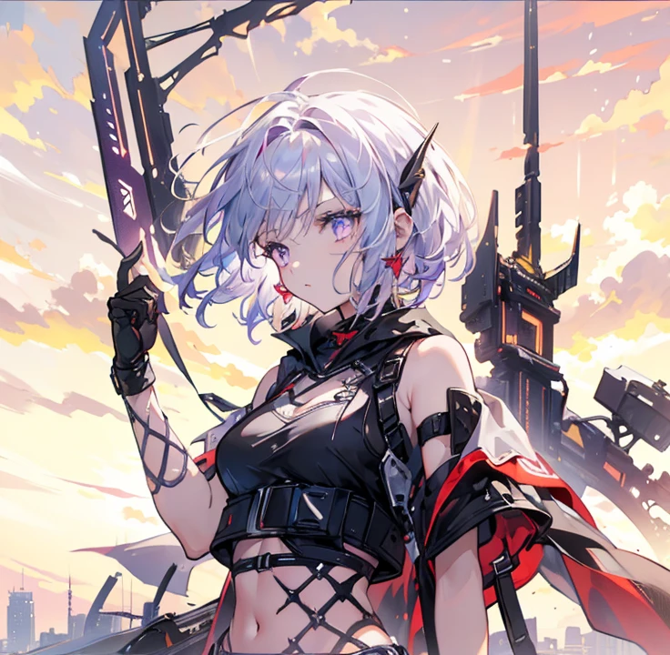 (masterpiece, top quality), one girl, young girl, youth, medium breasts, sunset, evening, short hair, silvery-purple hair, darker purple eyes, holding a pair of unique pistols, jagged, black crop top, hood, denim shorts, bandages on right arm, and left leg, fishnet stockings on right leg, black heels