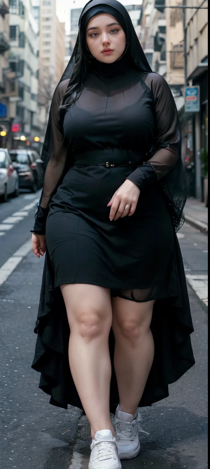 Milky white skin woman in black dress and hijab walking down the street, , hijab outfit, , hijab fashion model, plus size, plus size woman, , woman in black robes, beautiful woman, thicc, black outfit,, bbwchan , white sneakers , Height 170 cm, beautiful woman, with a beautiful appearance, a very beautiful masterpiece, a masterpiece of art, good lighting, Bright colors, Clean lines