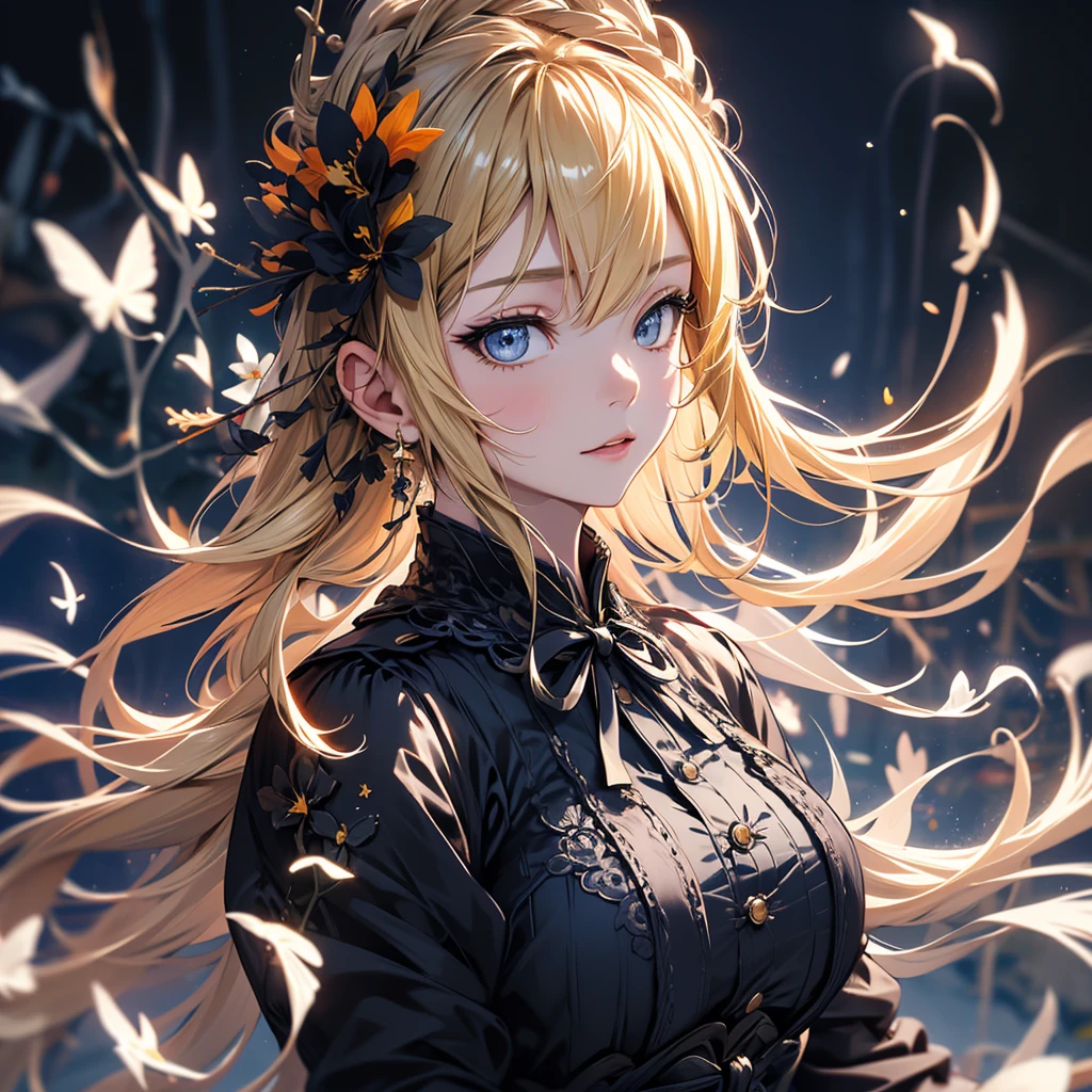 masterpiece, high quality, 4K, Beautiful design, silhouette,blonde, 非常に詳細な夜のStarry Sky,Flower Field, wonderful, Finer details, Very knowledgeable woman, Highly detailed solo, 1 female,Big Breasts,Gothic Lolita Fashion,Night view,Starry Sky,full moon,