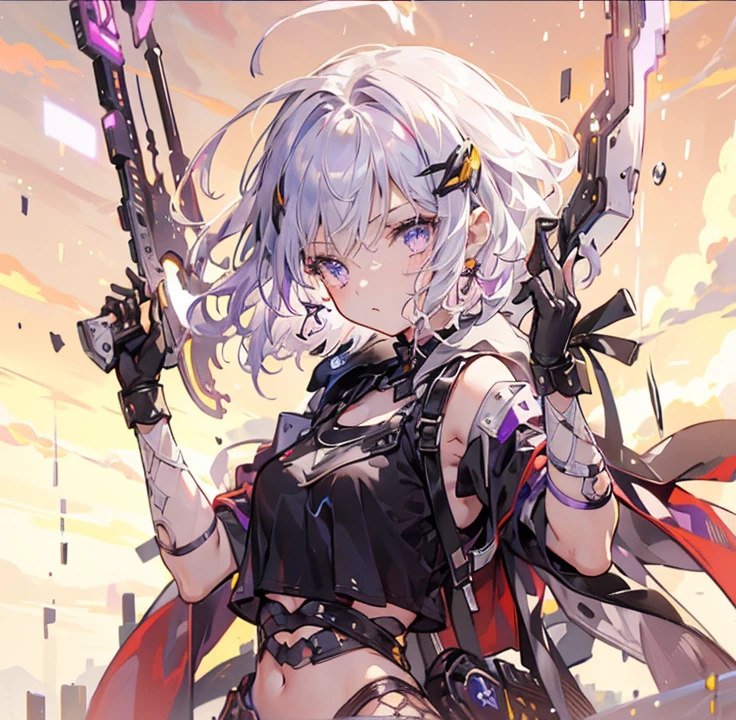 (masterpiece, top quality), one girl, young girl, youth, medium breasts, sunset, evening, short hair, silvery-purple hair, darker purple eyes, holding a pair of unique pistols, jagged, black crop top, hood, denim shorts, bandages on right arm, and left leg, fishnet stockings on right leg, black heels