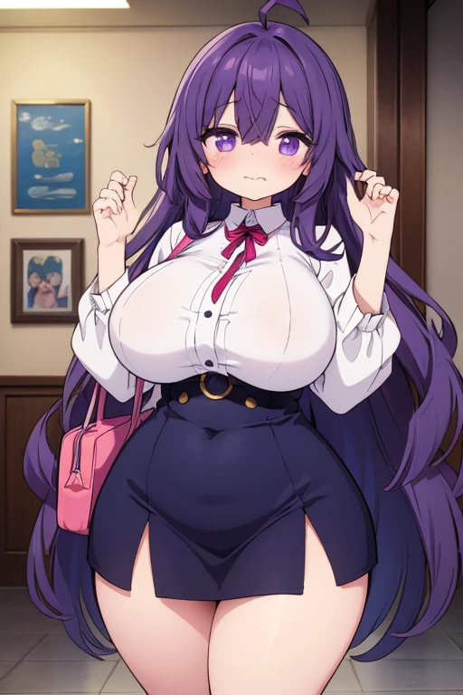 (masterpiece), (highest quality), ((Super detailed))、(super delicate)、Cute naughty female Artificer、Pastel colors hair、(huge breasts:1.2, Thighs:1.2, thick legs:1.2, curvy:1.2, towering stature:1.5, massive fat thick unnatural belly, mature woman)、Gorgeous、purple eyes, (hair over one eyes:1.3, ahoge, messy hair:1.2, tired hair:1.2, flipped hair, very long hair, bags under eyes:1.3), black hair, (purple hair:1.1), (blush:1.2, emberrased:1.2, quiet personality:1.2, scared:1.2, looking away, wavy mouth), hand over face