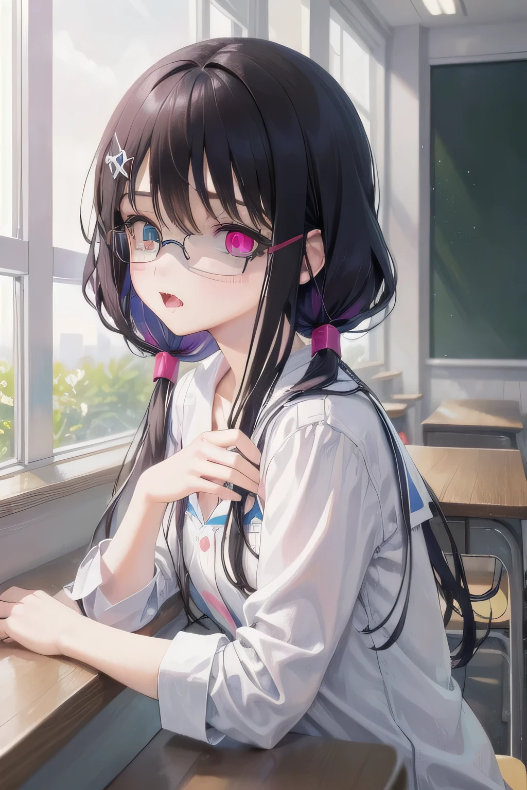 (Tabletop:1.0), (highest quality:1.4), (High resolution:1.2), From the side,Sharp contours,  boyish, highest quality, masterpiece,Glasses,Voice of the Heart,yandere,Browsing Caution,classroom,nude,facial,Excessive ,Chest to chest,Upper Body,Ecstasy,saliva,blush,Squint your eyes,Heterochromia iridis