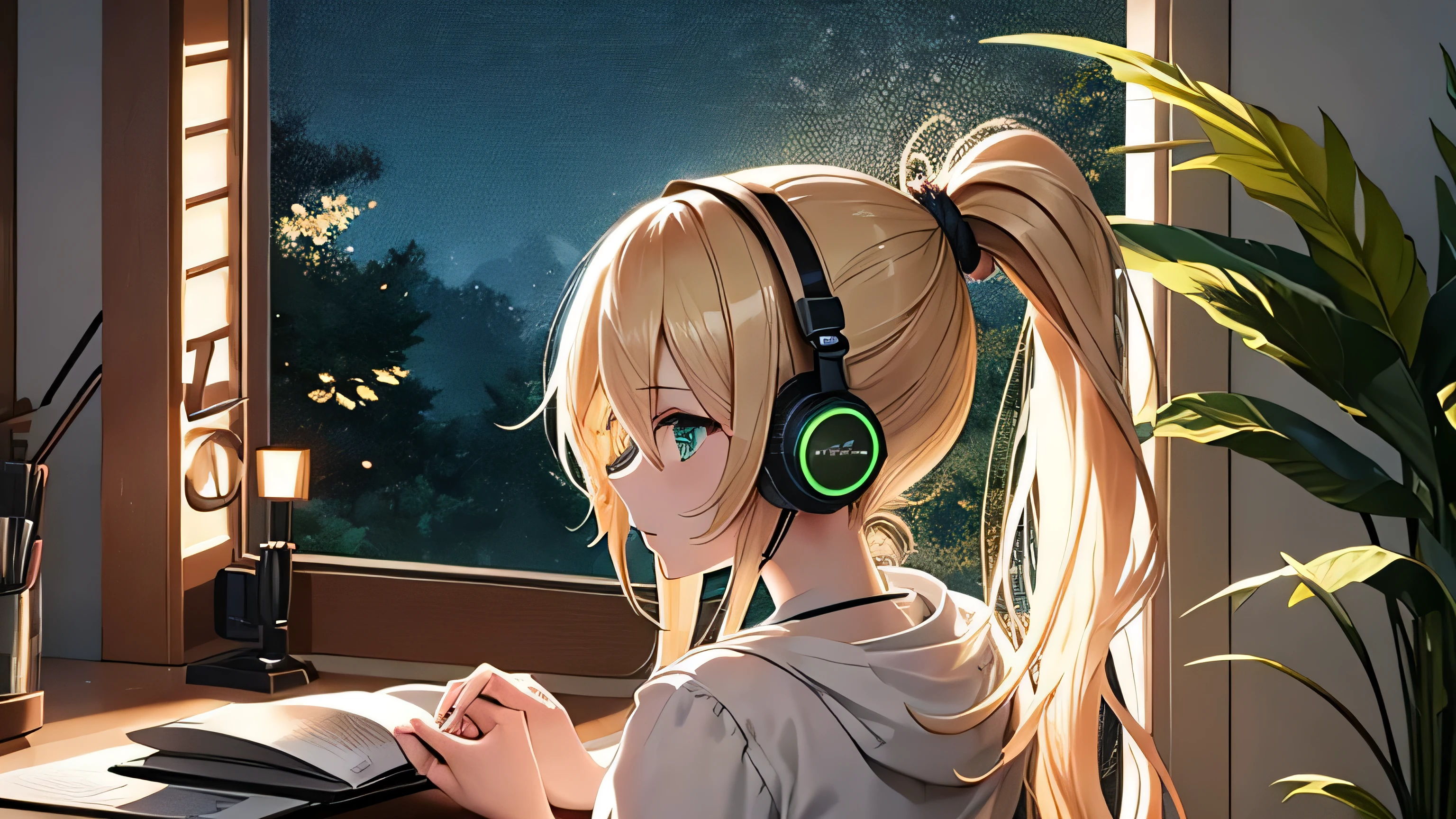 Listening to music with headphones in a room、is studying with a book on the desk、Beautiful blonde、ponytail、Loose and fluffy hair、A woman with emerald green eyes、Warm lighting、Outside the window, the streetlights、Japanese anime style、